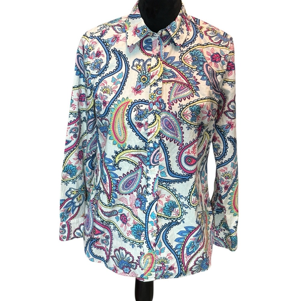 Talbots paisley button-down shirt Women's S Small White‎ Blue Business Casual